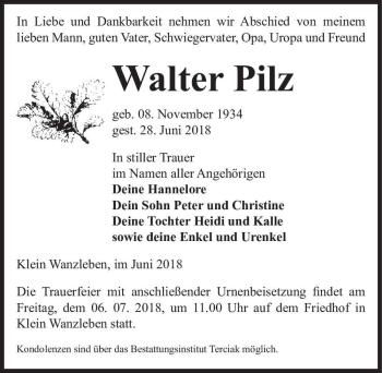Traueranzeige von Walter Pilz  von Magdeburger Volksstimme