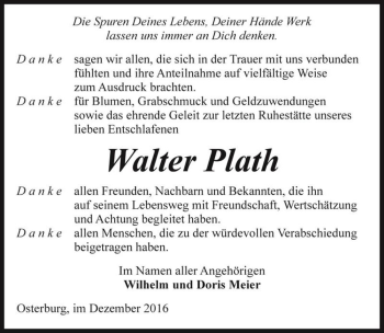 Traueranzeige von Walter Plath  von Magdeburger Volksstimme