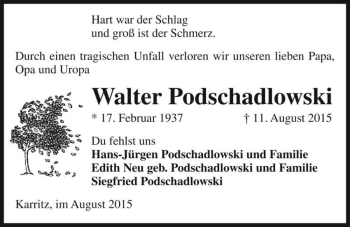 Traueranzeige von Walter Podschadlowski  von Magdeburger Volksstimme