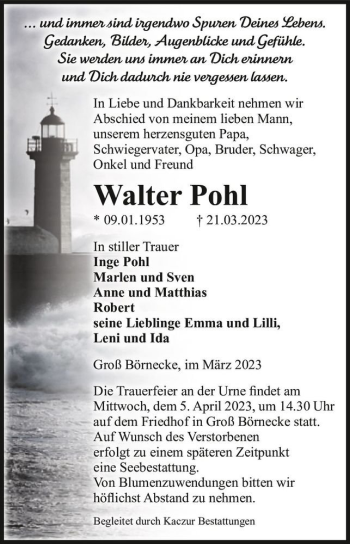Traueranzeige von Walter Pohl  von Magdeburger Volksstimme