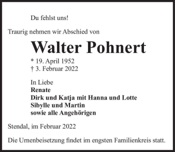 Traueranzeige von Walter Pohnert  von Magdeburger Volksstimme