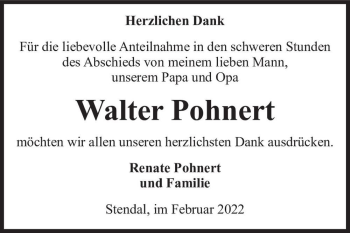 Traueranzeige von Walter Pohnert  von Magdeburger Volksstimme