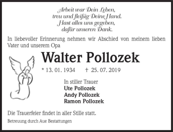 Traueranzeige von Walter Pollozek  von Magdeburger Volksstimme