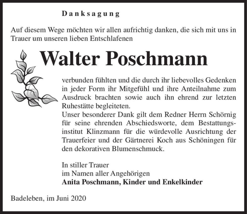  Traueranzeige für Walter Poschmann  vom 04.06.2020 aus Magdeburger Volksstimme