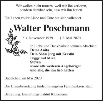 Traueranzeige von Walter Poschmann  von Magdeburger Volksstimme