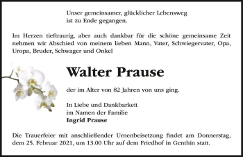 Traueranzeige von Walter Prause  von Magdeburger Volksstimme