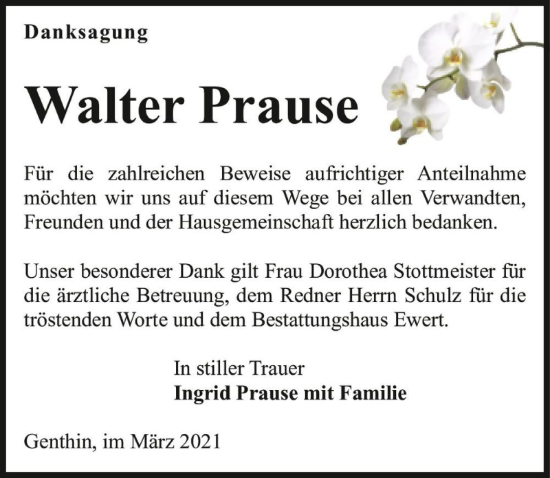  Traueranzeige für Walter Prause  vom 06.03.2021 aus Magdeburger Volksstimme