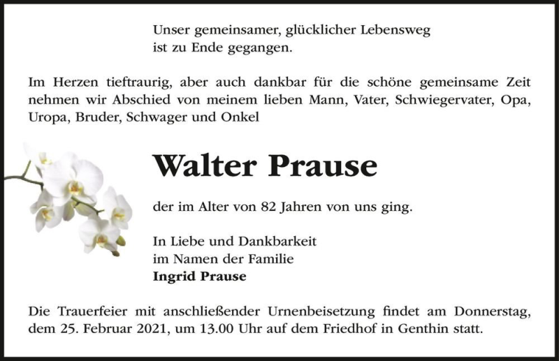  Traueranzeige für Walter Prause  vom 13.02.2021 aus Magdeburger Volksstimme