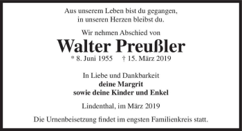 Traueranzeige von Walter Preußler  von Magdeburger Volksstimme