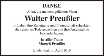 Traueranzeige von Walter Preußler  von Magdeburger Volksstimme