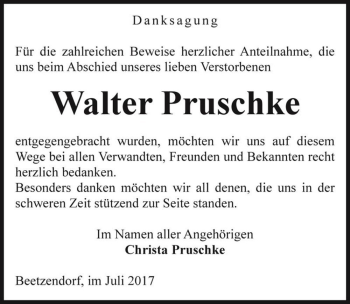 Traueranzeige von Walter Pruschke  von Magdeburger Volksstimme