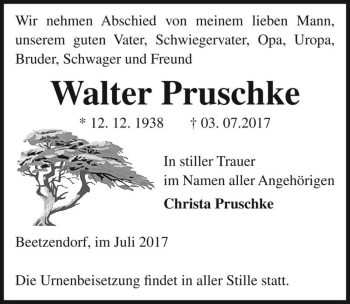 Traueranzeige von Walter Pruschke  von Magdeburger Volksstimme