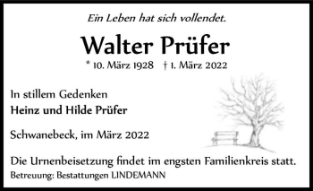 Traueranzeige von Walter Prüfer  von Magdeburger Volksstimme