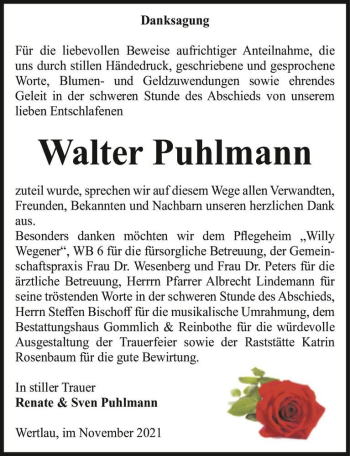 Traueranzeige von Walter Puhlmann  von Magdeburger Volksstimme