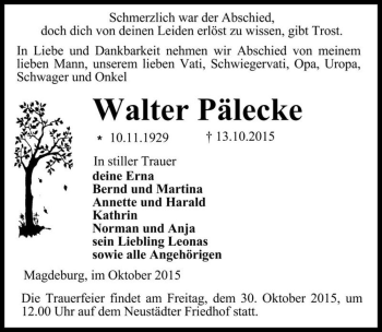 Traueranzeige von Walter Pälecke  von Magdeburger Volksstimme