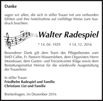 Traueranzeige von Walter Radespiel  von Magdeburger Volksstimme