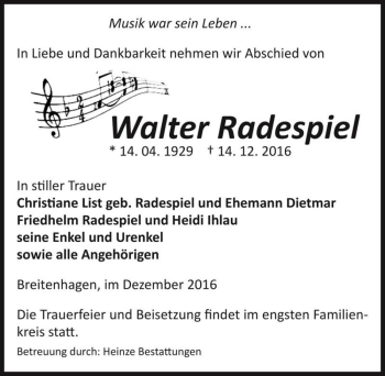 Traueranzeige von Walter Radespiel  von Magdeburger Volksstimme