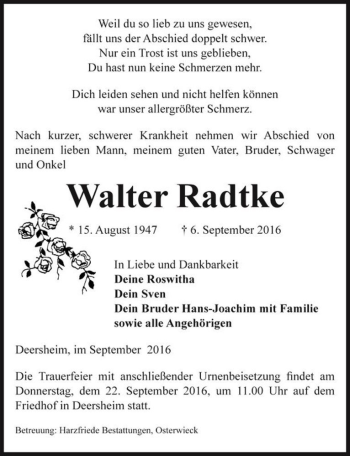 Traueranzeige von Walter Radtke  von Magdeburger Volksstimme