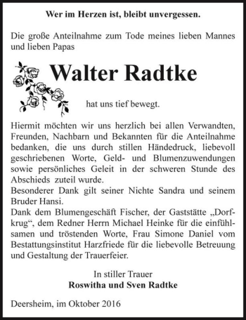 Traueranzeige von Walter Radtke  von Magdeburger Volksstimme