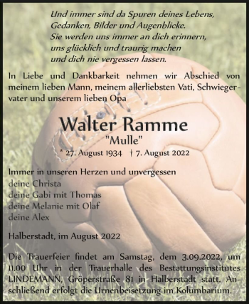 Traueranzeige von Walter Ramme “ Mulle “  von Magdeburger Volksstimme