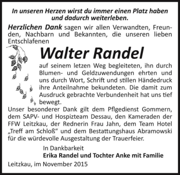 Traueranzeige von Walter Randel  von Magdeburger Volksstimme