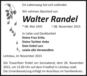 Traueranzeige von Walter Randel  von Magdeburger Volksstimme