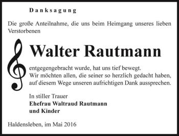 Traueranzeige von Walter Rautmann  von Magdeburger Volksstimme