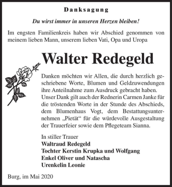 Traueranzeige von Walter Redegeld  von Magdeburger Volksstimme