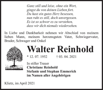 Traueranzeige von Walter Reinhold  von Magdeburger Volksstimme