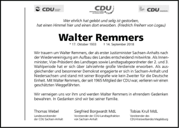 Traueranzeige von Walter Remmers  von Magdeburger Volksstimme
