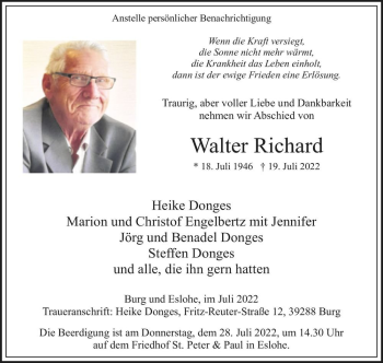 Traueranzeige von Walter Richard  von Magdeburger Volksstimme