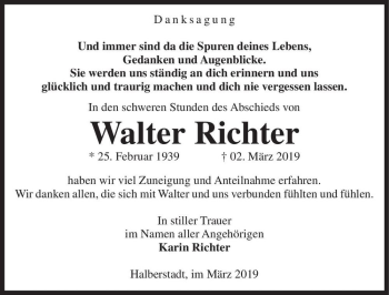 Traueranzeige von Walter Richter  von Magdeburger Volksstimme