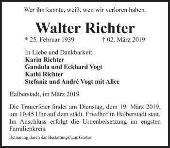 Traueranzeige von Walter Richter  von Magdeburger Volksstimme