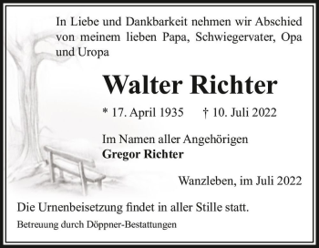 Traueranzeige von Walter Richter  von Magdeburger Volksstimme