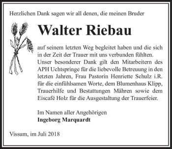 Traueranzeige von Walter Riebau  von Magdeburger Volksstimme