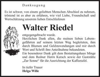 Traueranzeige von Walter Riedel  von Magdeburger Volksstimme