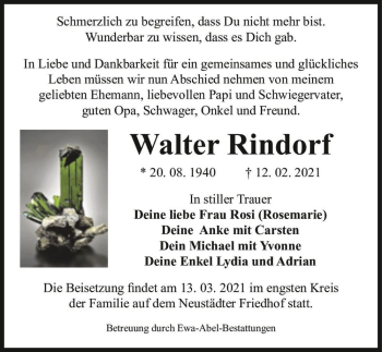 Traueranzeige von Walter Rindorf  von Magdeburger Volksstimme