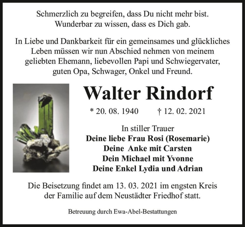  Traueranzeige für Walter Rindorf  vom 27.02.2021 aus Magdeburger Volksstimme