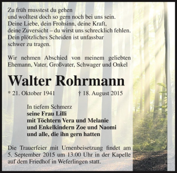 Traueranzeige von Walter Rohrmann  von Magdeburger Volksstimme