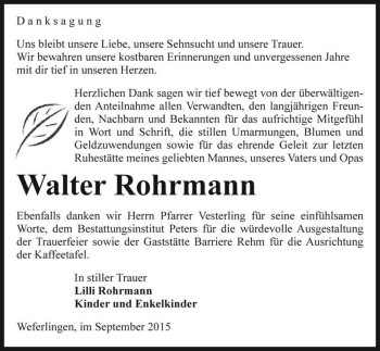 Traueranzeige von Walter Rohrmann  von Magdeburger Volksstimme