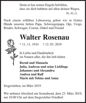 Traueranzeige von Walter Rosenau  von Magdeburger Volksstimme