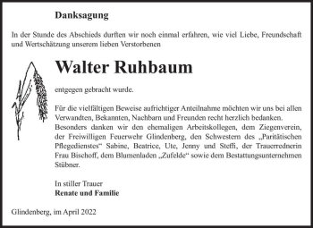 Traueranzeige von Walter Ruhbaum  von Magdeburger Volksstimme