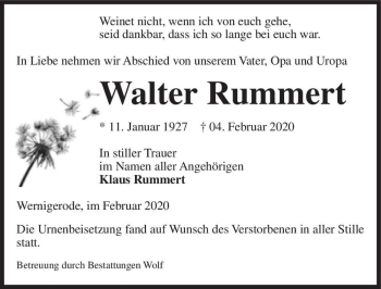 Traueranzeige von Walter Rummert  von Magdeburger Volksstimme