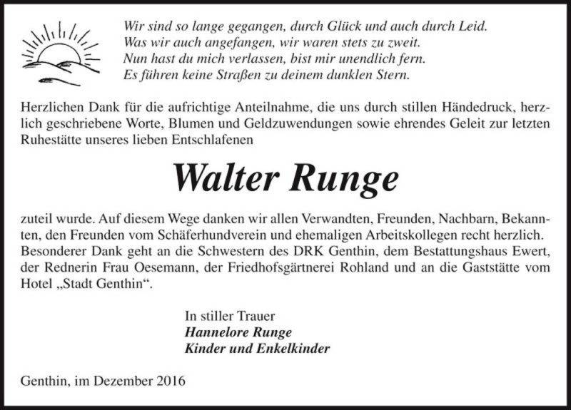  Traueranzeige für Walter Runge  vom 07.01.2017 aus Magdeburger Volksstimme