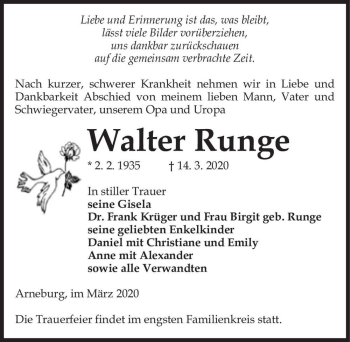 Traueranzeige von Walter Runge  von Magdeburger Volksstimme