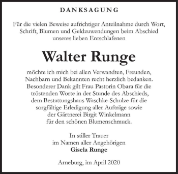 Traueranzeige von Walter Runge  von Magdeburger Volksstimme