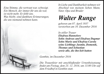 Traueranzeige von Walter Runge  von Magdeburger Volksstimme