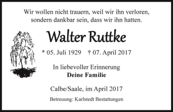 Traueranzeige von Walter Ruttke  von Magdeburger Volksstimme