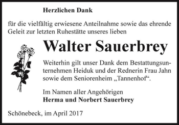 Traueranzeige von Walter Sauerbrey  von Magdeburger Volksstimme