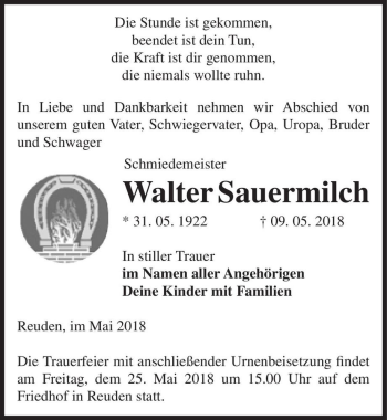 Traueranzeige von Walter Sauermilch  von Magdeburger Volksstimme